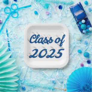 Class of 2025 blue script graduation paper plate