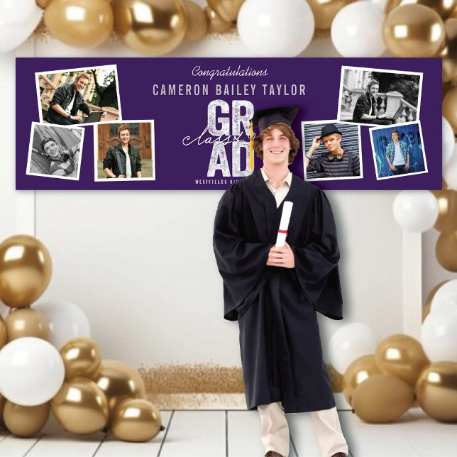 Class Of 2025 Bold GRAD 6 Photo Graduation Party Banner (Class Of 2024 Modern Bold Silver GRAD 6 Photo Graduation Party Banner @ www.zazzle.com/color_therapy)
