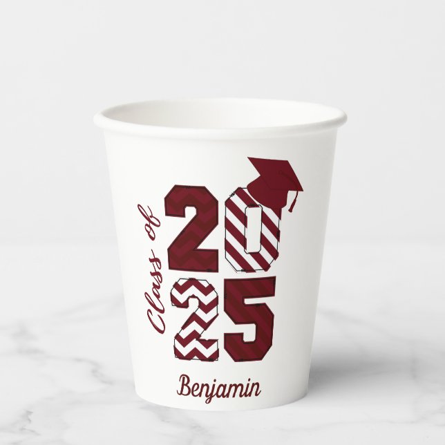 Class of 2025 Burgundy and White Graduation Cap Paper Cups (Front)