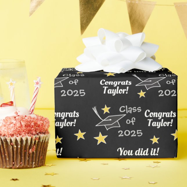 Class of 2025 Congrats Grad Black Add Name Wrapping Paper (Birthday Party)