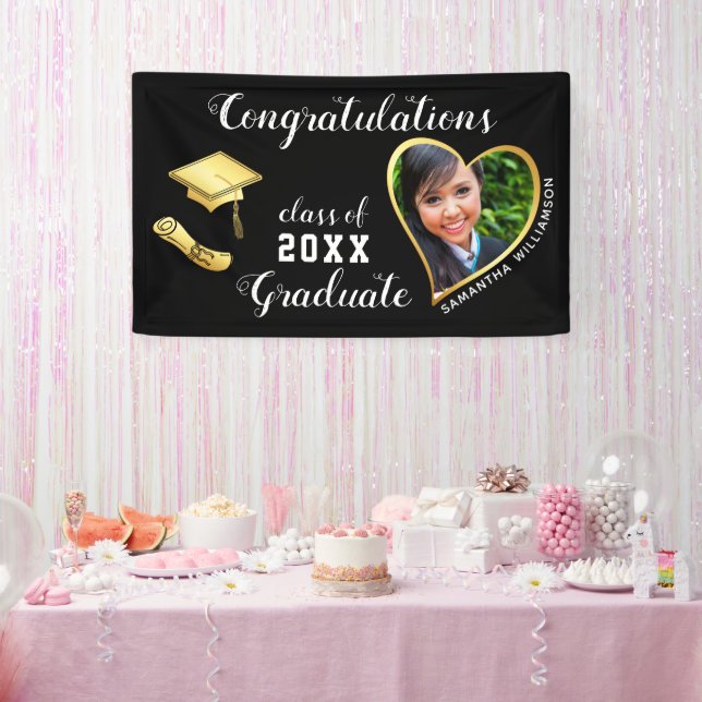 Class of 2025 Custom Photo Black Gold Graduation Banner (Party)