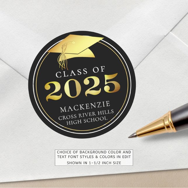 Class of 2025 Elegant Black Gold Personalised Classic Round Sticker (Creator Uploaded)