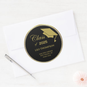 Class of 2025 Elegant Black Gold Return Address Classic Round Sticker