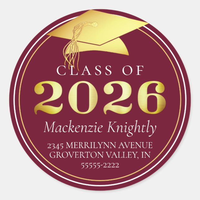 Class of 2025 Elegant Burgundy Maroon Gold Classic Round Sticker (Front)