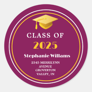 Class of 2025 Elegant Green Gold Return Address Classic Round Sticker