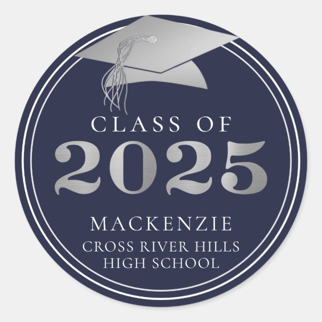 Class of 2025 Elegant Navy Silver Personalised Classic Round Sticker (Front)