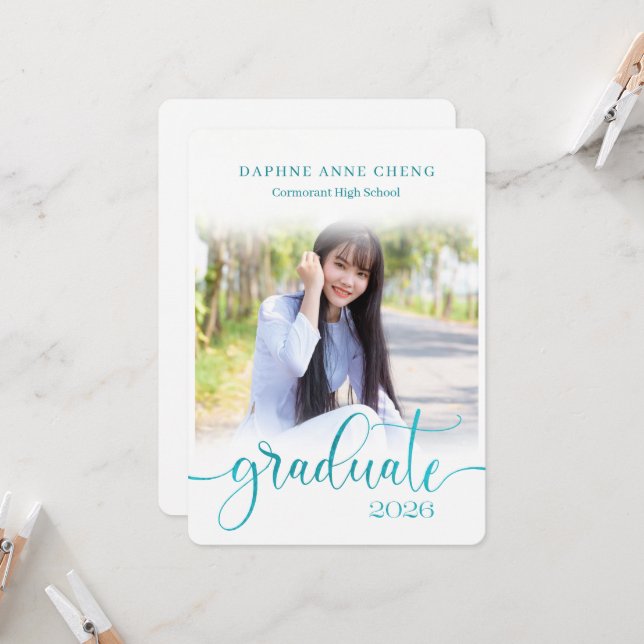 Class of 2025 Faux Blue Leaf Modern Photo Invitation (Front/Back In Situ)