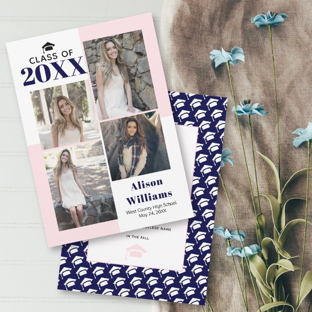 Class of 2025 four photos blush, navy graduation announcement (Creator Uploaded)