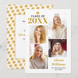 Class of 2025 gold and white graduation cap party invitation