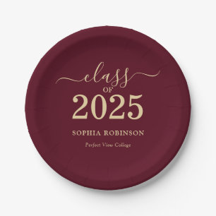 Class of 2025 Gold Burgundy Graduation Party Paper Plate
