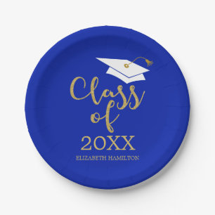 Class of 2025 Gold Glitter Calligraphy Royal Blue Paper Plate