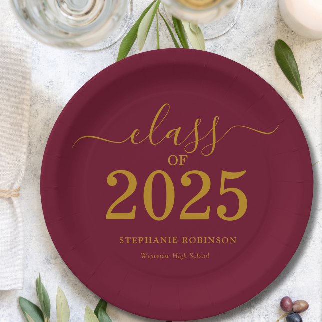 Class of 2025 Gold Maroon Graduation Party Paper Plate (Creator Uploaded)