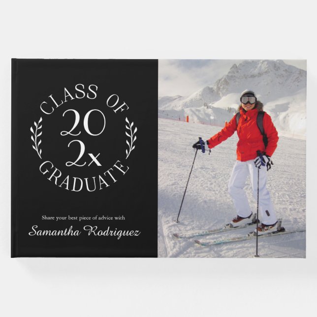 Class of 2025 Grad Photo Black Pattern Graduation Guest Book (Front)