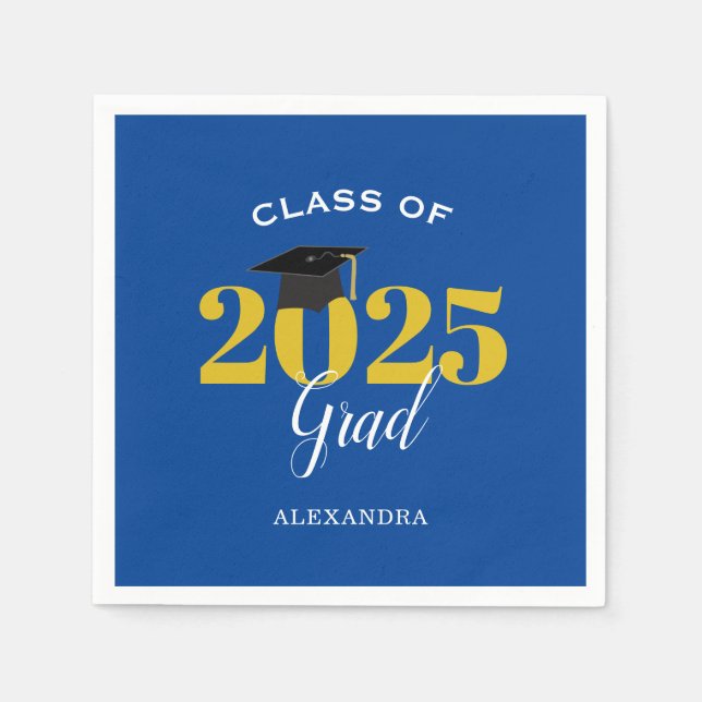 Class of 2025 Grad Simple Blue and Gold Paper Plat Napkin (Front)