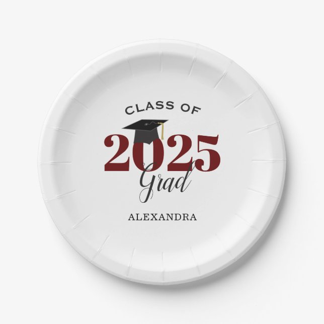 Class of 2025 Grad Simple Maroon and Black Paper Plate (Front)