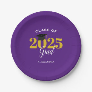Class of 2025 Grad Simple Purple and Gold Paper Plate
