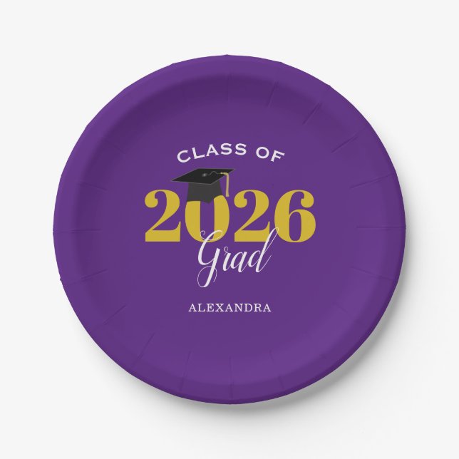 Class of 2025 Grad Simple Purple and Gold Paper Plate (Front)