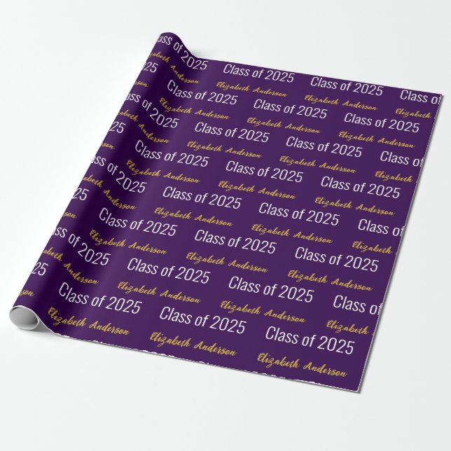 Class of 2025 Grad's Full Name Purple White Gold Wrapping Paper (Unrolled)