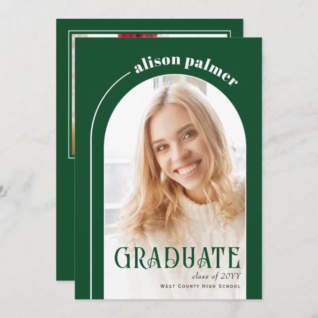 Class of 2025 GRADUATE arch emerald green photo Announcement (Front/Back)