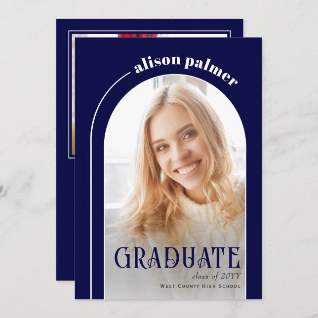 Class of 2025 GRADUATE arch navy blue photo Invitation (Front/Back)