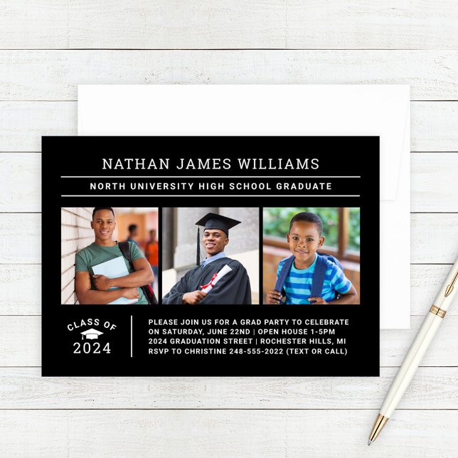 Class of 2025 Graduate Black 3 Photo Graduation Invitation (Creator Uploaded)