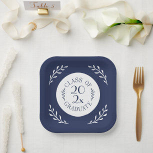 Class Of 2025 Graduate Chic Navy White Botanical Paper Plate