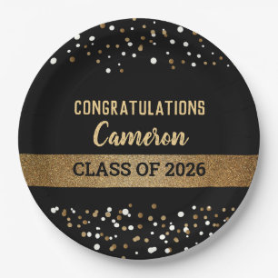 Class of 2025 Graduate Name Gold Confetti Paper Plate