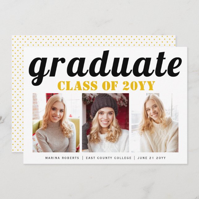 Class of 2025 graduate yellow typography photo invitation (Front/Back)