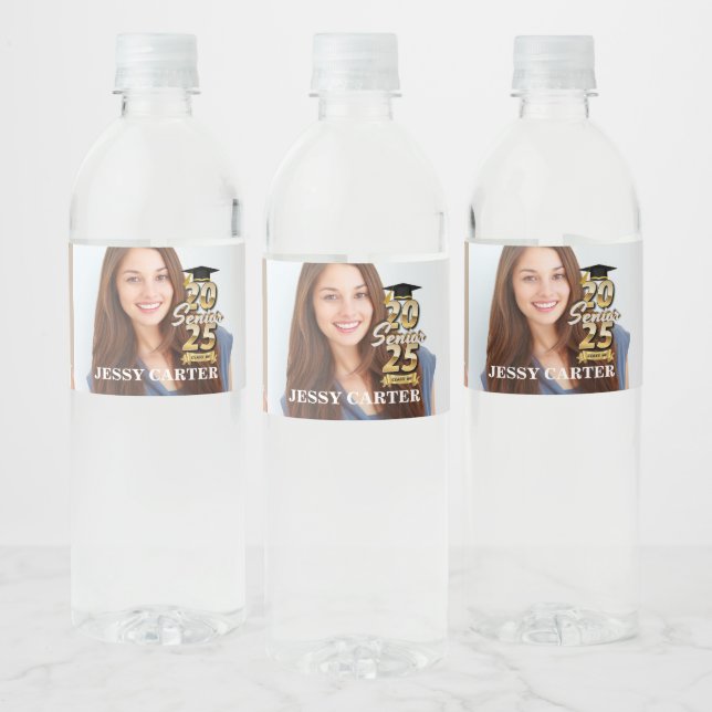 Class of 2025 Graduation Senior Graduate 3 Photos Water Bottle Label (Bottles)