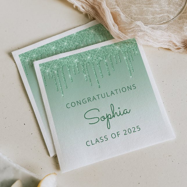 Class of 2025 Green Glitter Drip Graduation Napkin (Creator Uploaded)