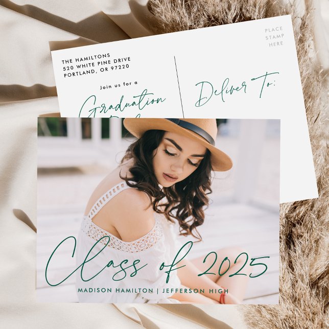 Class of 2025 Green Script Photo Graduation Party Invitation Postcard (Creator Uploaded)