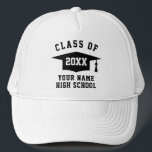 Class of 2025 high school graduation party trucker hat<br><div class="desc">Class of 2025 high school graduation party trucker hat. Cool inexpensive gift idea for graduate students, seniors, college grads, university students etc. Personalised presents for him and her. Graduation tassel cap logo with customisable text template. Add your own for class year. Also fun for reunion parties. Available in green red...</div>