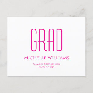 Class of 2025 Hot Pink Typography Graduation Announcement Postcard