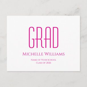 Class of 2025 Hot Pink Typography Graduation  Announcement Postcard