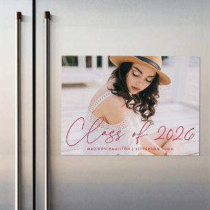 Class of 2025 Magenta Script Photo Graduation Magnetic Invitation