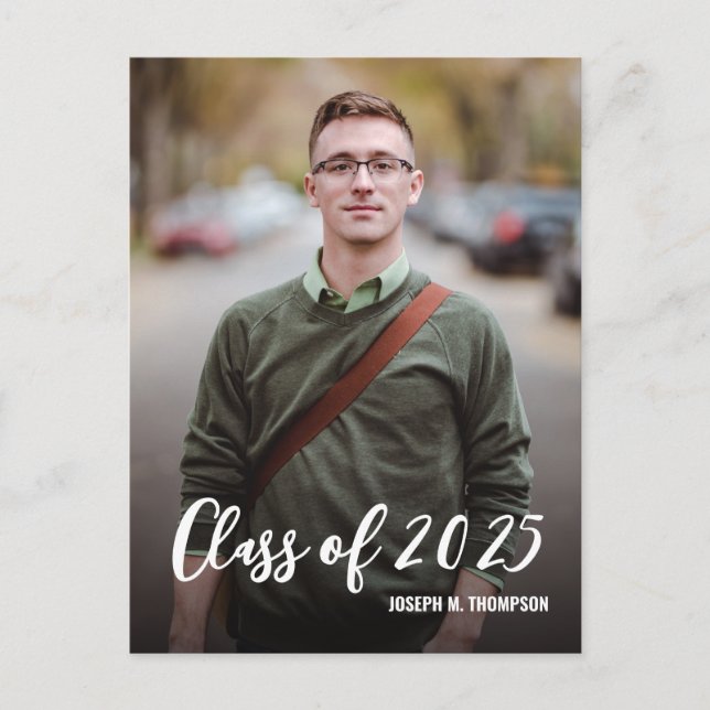Class of 2025 Male Graduate Photo Custom message Announcement Postcard (Front)