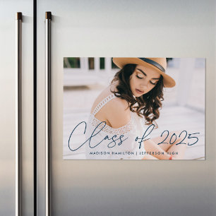 Class of 2025 Modern Navy Script Photo Graduation Magnetic Invitation