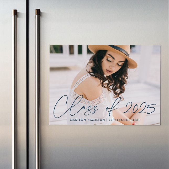 Class of 2025 Modern Navy Script Photo Graduation Magnetic Invitation (Creator Uploaded)