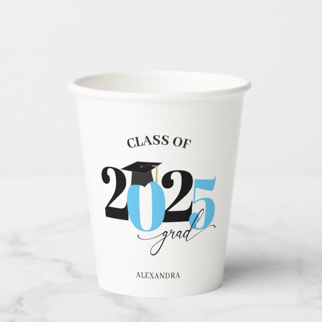 Class of 2025 Modern Tyopgraphy Blue Graduation Paper Cups (Front)