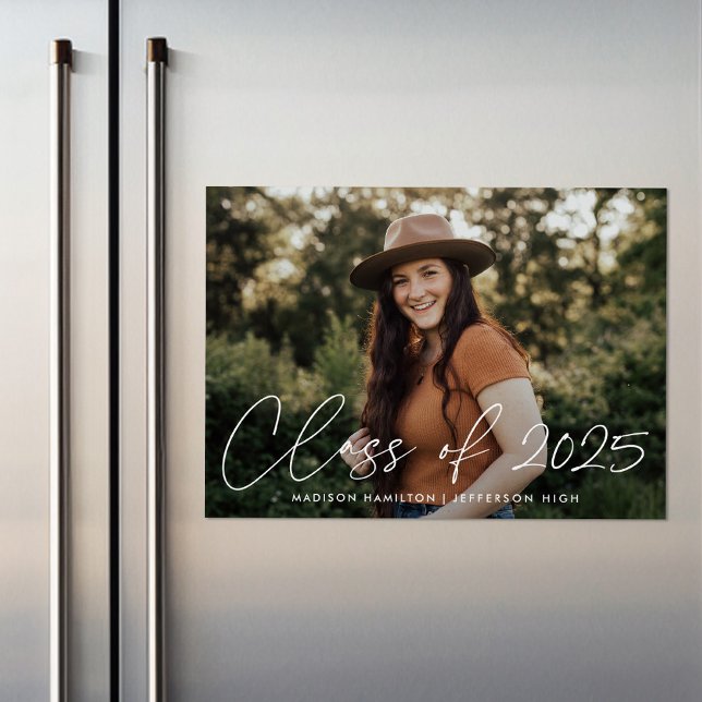 Class of 2025 Modern White Script Photo Graduation Magnetic Invitation (Creator Uploaded)
