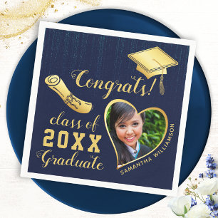 Class of 2025 Navy Blue and Gold Graduation Photo Napkin
