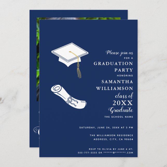 Class of 2025 Navy Blue and White Photo Graduation Invitation (Front/Back)