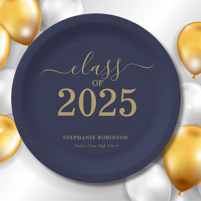 Class of 2025 Navy Blue Gold Graduation Party Paper Plate (Creator Uploaded)