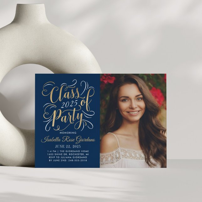 Class of 2025 Navy Gold Graduation Party Photo Invitation (Creator Uploaded)