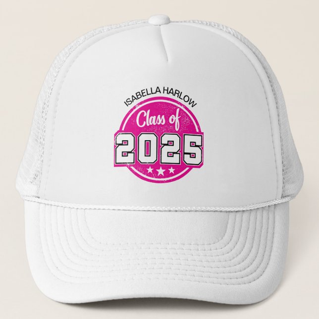 Class of 2025 Pink Graduate Name Trucker Hat (Front)