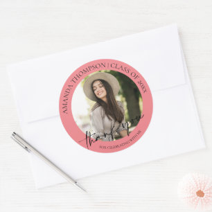 Class Of 2025 Pink Photo Graduation Thank You Classic Round Sticker