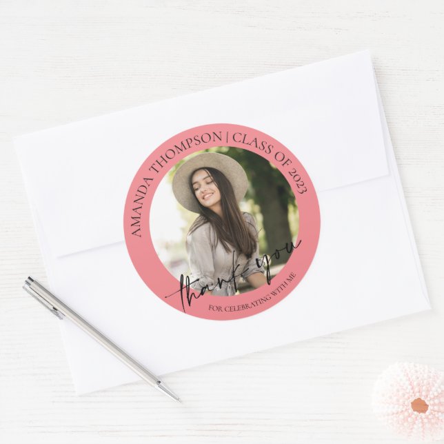 Class Of 2025 Pink Photo Graduation Thank You Classic Round Sticker (Envelope)