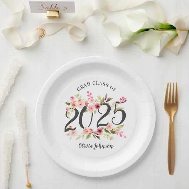 Class of 2025 Pink Watercolor Flowers Graduation Paper Plate (Wedding)