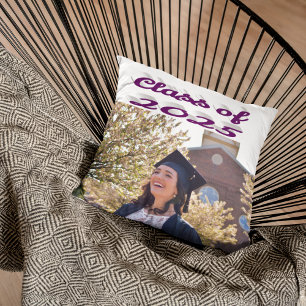 Class of 2025 purple script graduation photo cushion