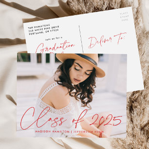 Class of 2025 Red Script Photo Graduation Party Invitation Postcard